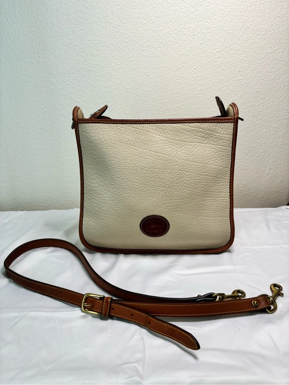 Vintage Dooney & Bourke Suede Interior Cream and Brown Pebble Leather Crossbody